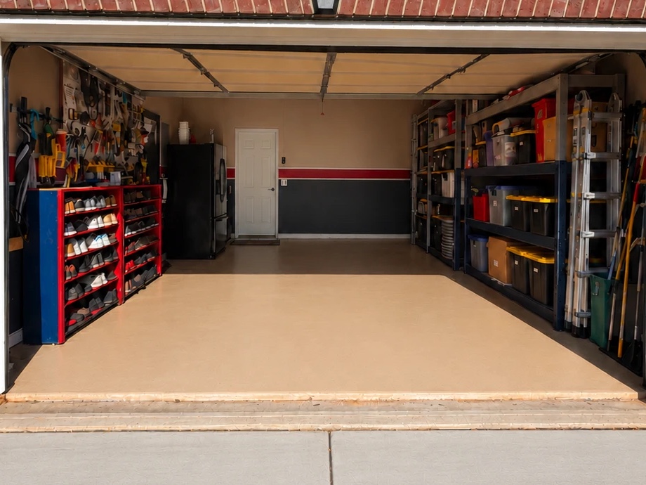 After: the same garage with a clear floor, shoes on the rack and bins on the shelves