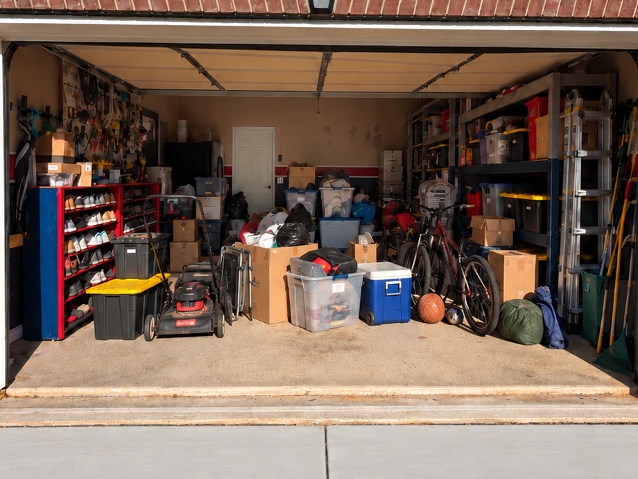 Before: a two-car garage packed with boxes, bins, a mower, bikes and a cooler